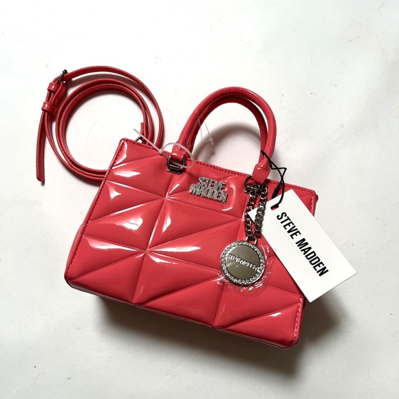NWT Steve Madden Coral Patent Quilted Small Satchel Crossbody Bag Rhinestone - Picture 2 of 9